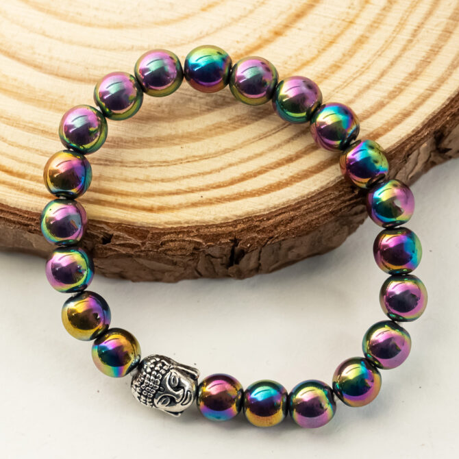 Hematite Round Bead Bracelet with Titanuim Aura Coating