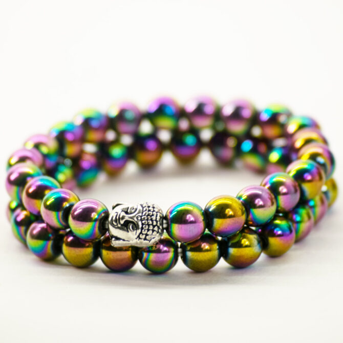 Hematite Round Bead Bracelet with Titanuim Aura Coating
