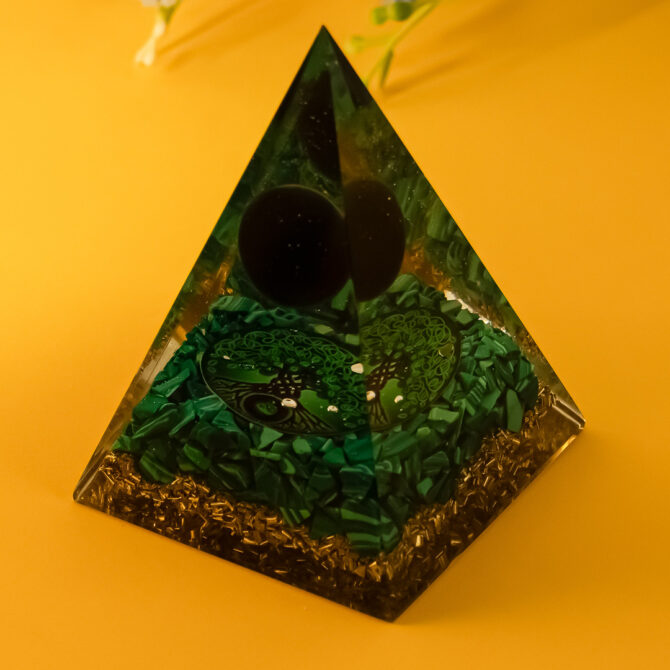 Malachite & Black Tourmaline Orgone Pyramid for Manifestation