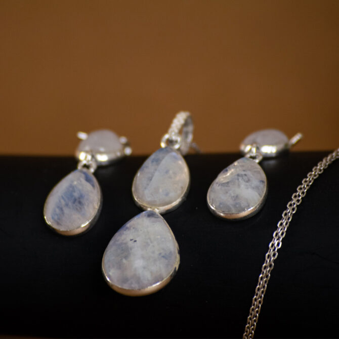 Rainbow Moonstone Faceted Silver Pendant Set