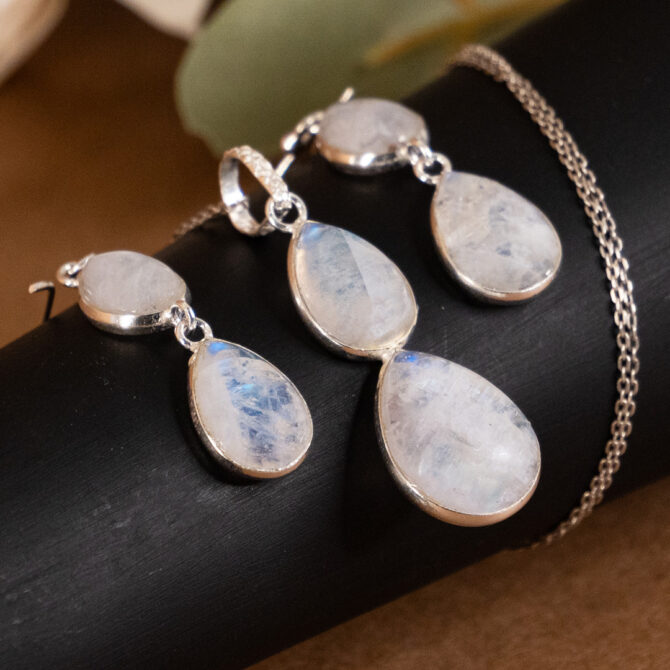 Rainbow Moonstone Faceted Silver Pendant Set