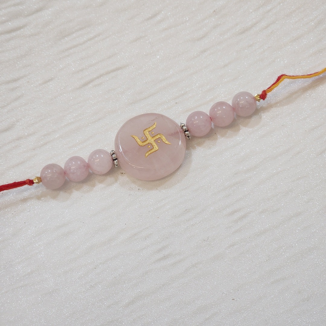 Rose Quartz Swastik Engraved Rakhi